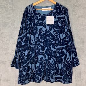 Womens Top 2X Blue Silk Burnout‎ Velvet Goth Whimsygoth Floral Tunic Grunge NWT